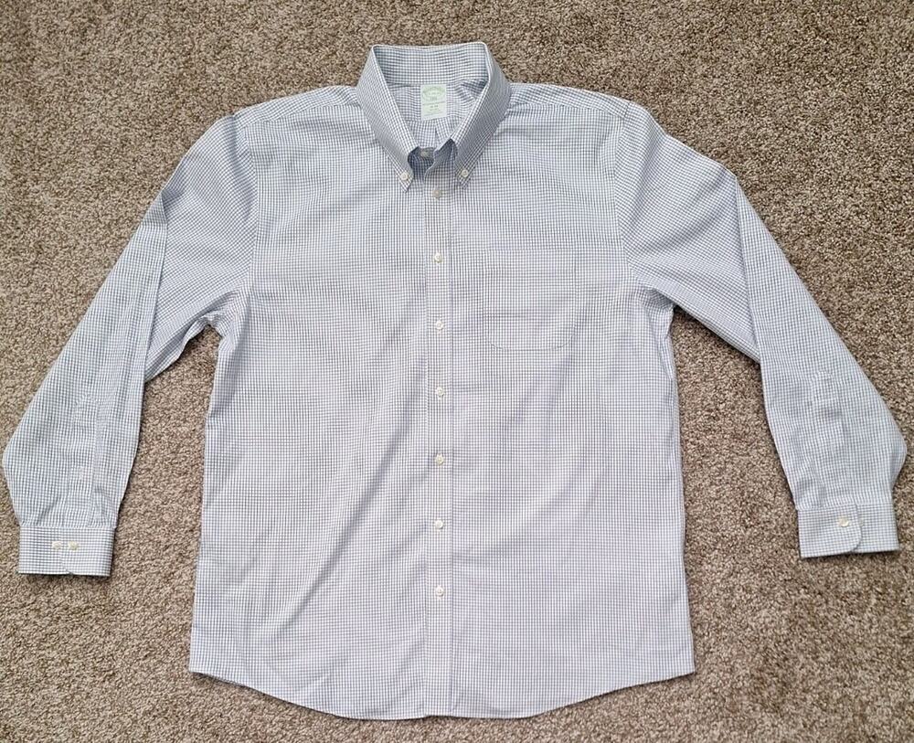 Brooks Brothers 1818 Shirt Mens 17 34/35 Blue Pane Print Non Iron Slim